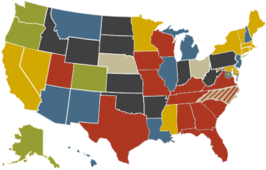 Map of states in the US that have passed marijuana reform